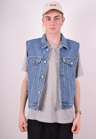 MENS VINTAGE SHERPA DENIM GILET SMALL BLUE 90S