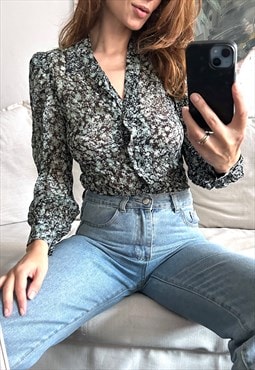 Plants Printed Cute Blouse With Up Shoulders - XS