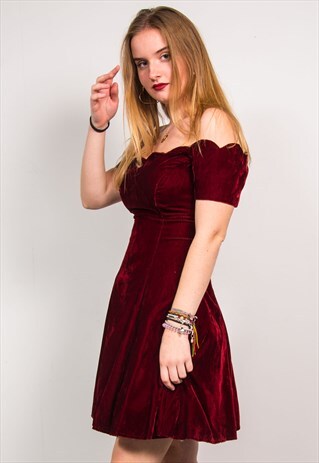 VINTAGE 80'S RED VELVET OFF THE SHOULDER DRESS