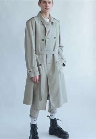 VINTAGE 80S MIDI DOUBLE BREASTED TRENCH COAT IN GREY