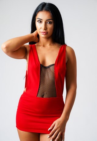 SUFIA RED FRONT NET LACE MICRO MINI DRESS