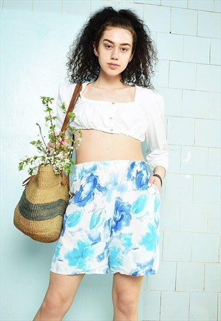 VINTAGE 90S FLORAL BOHO ABSTRACT FESTIVAL CHIC SHORTS BLUE
