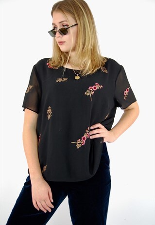 EMBROIDERED BEEDED FLORAL SEMI SHEER TOP (DOUBLE LAYER BODY)