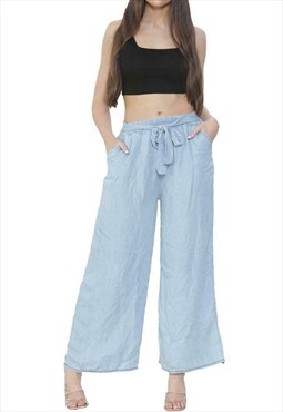 Women's Tie Up Flared Denim Palazzo Baggy Wide Leg Trousers