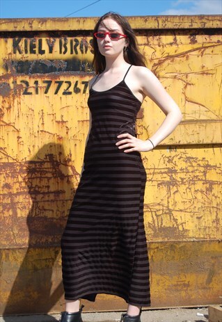 90S BLACK STRETCH VELVET AND SHEER STRIPE DRESS