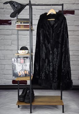60s Vintage Halloween Black Velvet Faux Fur Trim Long Cape