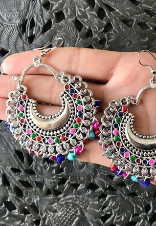 BIG CHUNKY OVERSIZED ETHNIC HOOP SILVER EARRINGS MULTICOLOUR