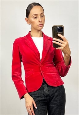 Vintage Red Velvet Blazer,Cotton Red Velvet Jacket