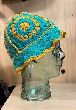 Handmade turquoise green & yellow crochet hat