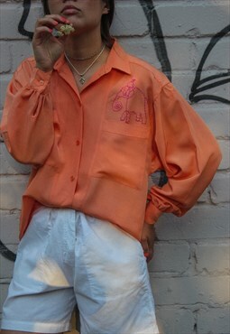 Reworked Vintage Hand embroidered orange flowing shirt
