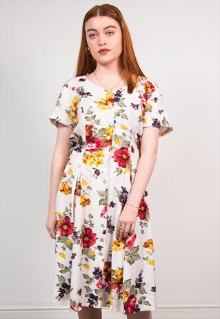 VINTAGE 90'S WHITE FLORAL PATTERN MIDI DRESS