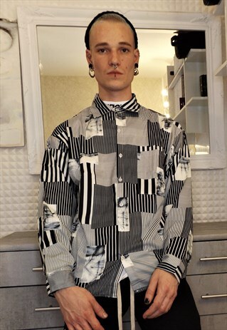 LOOSE FIT GOTHIC HORIZONTAL VERTICAL STRIPE PRINT SHIRT TOP