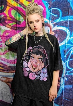 Anime t-shirt Y2K Hello Kitty tee tattoo top acid black wash
