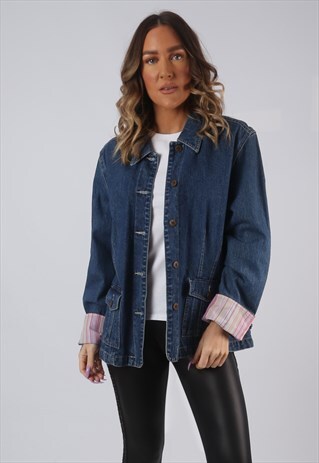 DENIM JACKET OVERSIZED STRIPED FITTED VINTAGE UK 16 (CW3F)
