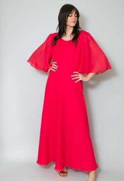 70's Dark Pink Fluted Sleeve Ladies Vintage Maxi Dress
