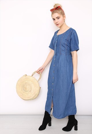 VINTAGE 90S BLUE DENIM BUTTON DOWN MIDI DRESS
