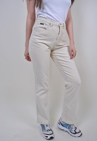 80S BEIGE CORDUROY PANTS, WOMEN SRAIGHT HERITAGE TROUSERS