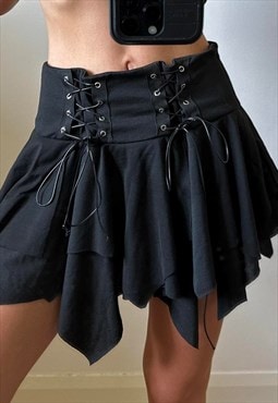 y2k Black Lace Up Fairy Mini Skirt