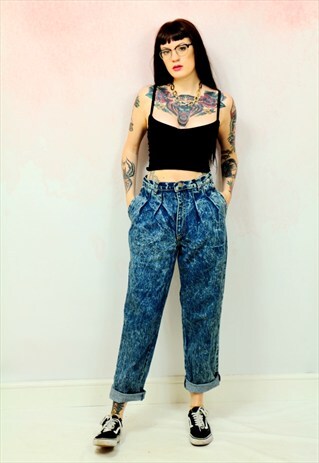 1990S VINTAGE HIGH WAIST DARK BLUE ACID WASH MOM JEANS