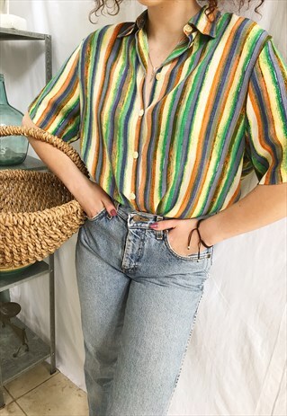 VINTAGE 80S STRIPED PRINT HAUTE BOHEME BLOUSE TOP SHIRT