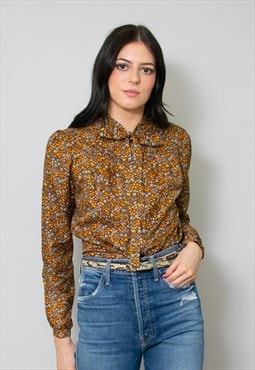 70's Vintage Long Sleeve Floral Brown Blouse Pussy Bow