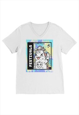 Festival & Rave White V-Neck T-shirt - Festivals Cartoon