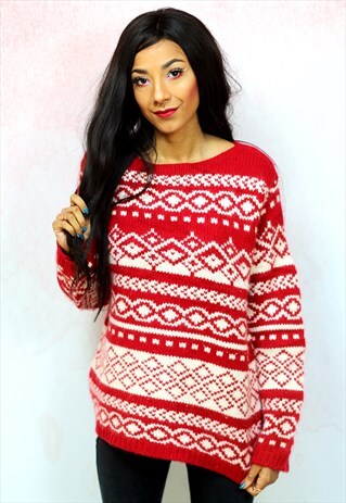 1990S VINTAGE RED WITH WHITE KNITWEAR JUMPER
