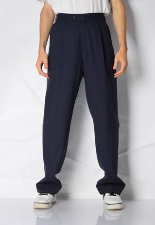 Y2K NAVY BLUE WOOL BLEND PLEATED PANTS