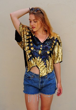 VINTAGE BLUE AND GOLD SPARKLY BUTTERFLY FESTIVAL TOP