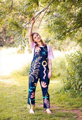 HAND PAINTED ABSTRACTS ON NAVY, ORGANIC DUNGAREES