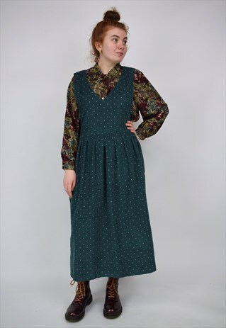 VINTAGE GREEN POLKA DOT PRINT CORDUROY PINAFORE DRESS