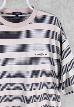 Vintage Gant Striped T-Shirt Beige Navy Embroidered Large