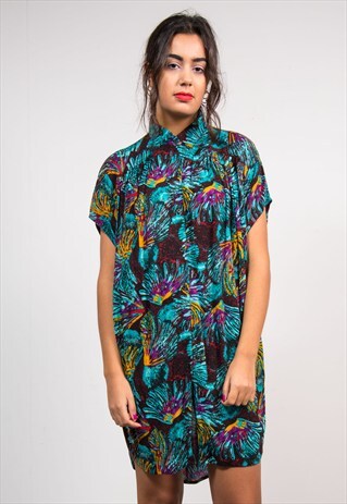 VINTAGE 90'S BRIGHT CRAZY PATTERN SHIRT DRESS