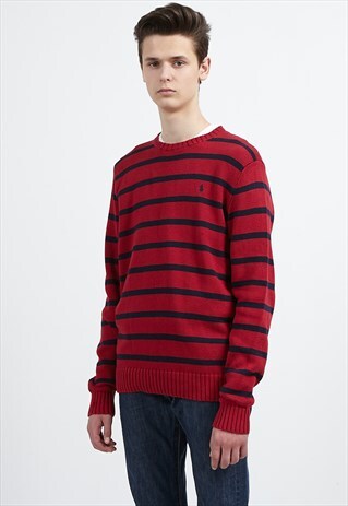 VINTAGE RED NAVY RALPH LAUREN STRIPED ROUND NECK KNIT JUMPER