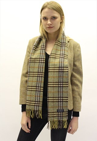 VINTAGE LAMBSWOOL-CASHMERE CHECKED SCARF GREEN-AS80