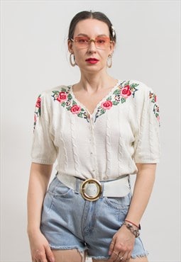 Vintage embroidered blouse floral boho knitted