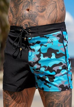 Tucann Split Camo Blue-Quick Dry Swim Shorts Zipper Pockets