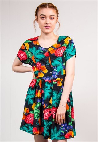 VINTAGE 90'S BRIGHT BUTTERFLY FLORAL PATTERN CUTE MINI DRESS