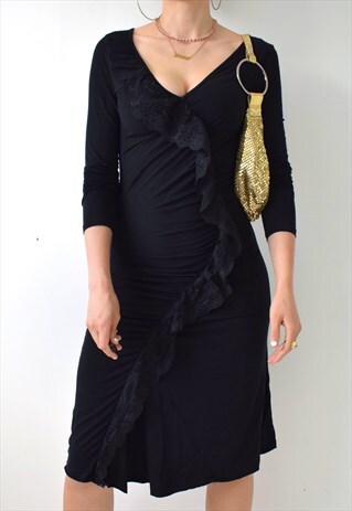 MORGAN DE TOI VINTAGE Y2K LACE TRIM RUCHED LONG SLEEVE MIDI