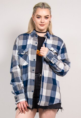 90'S GREY CHECK OVERISZE FLANNEL SHIRT