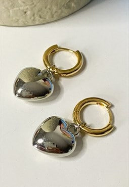 Mixed Metals Puffy Heart Hoop Earrings