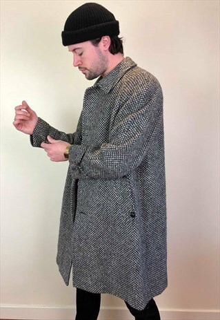 VINTAGE 90S AQUASCUTUM IRISH TWEED KNEE LENGTH COAT GREY M