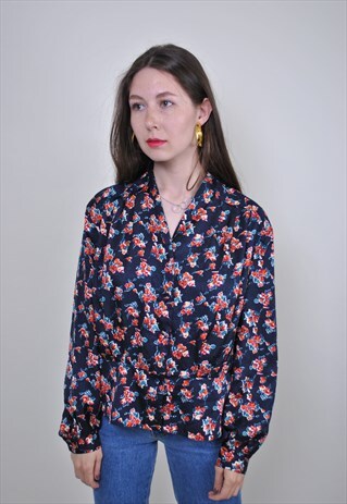 80S VINTAGE FLOWERS PRINT LONG SLEEVE BLOUSE, SIZE M