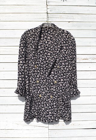 VINTAGE BLACK/WHITE FLORAL PRINTED LAYERED BLAZER/JACKET