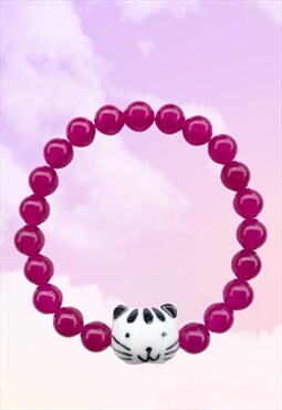 Kitty Kat Magenta Purple Chalcedony Beaded Gemstone Bracelet