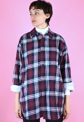 VINTAGE 90S FLANNEL SHIRT CHECK RED BLUE WHITE OVERSIZED