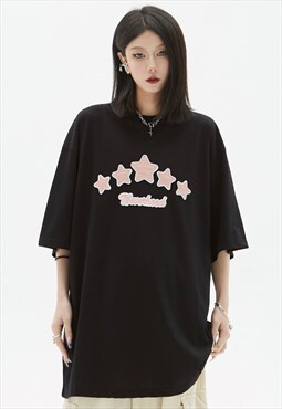 Star patch t-shirt solid raver tee grunge top in black