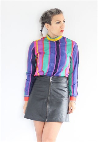 VINTAGE 1970S BRIGHT STRIPED COLLARLESS SHIRT