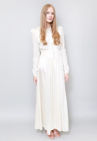 VINTAGE 1920'S STUNNING CREAM SILK & LACE WEDDING DRESS