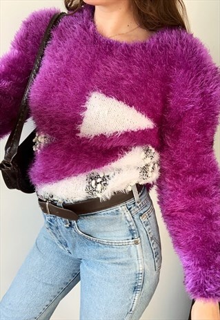 VINTAGE 80S FURRY FLUFFY ABSTRACT PATTERN KNIT JUMPER PURPLE